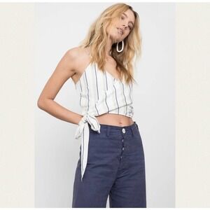 NWT RAILS Womens Stripe Smocked Wrap Crop Top Juliana Coco Linen Cream Gray XS